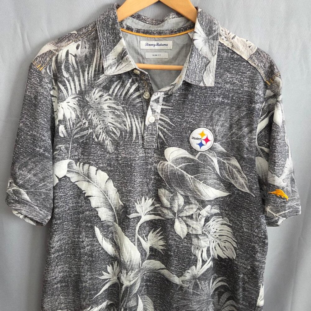 Tommy Bahama Pittsburgh Steelers Polo Shirt Grey/Black Short Sleeves Size XL/TG